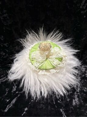 Handmade Luxury Powder Puff  W Vtg Glass Knob Lace Boudoir  Fluffy Gift For Her
